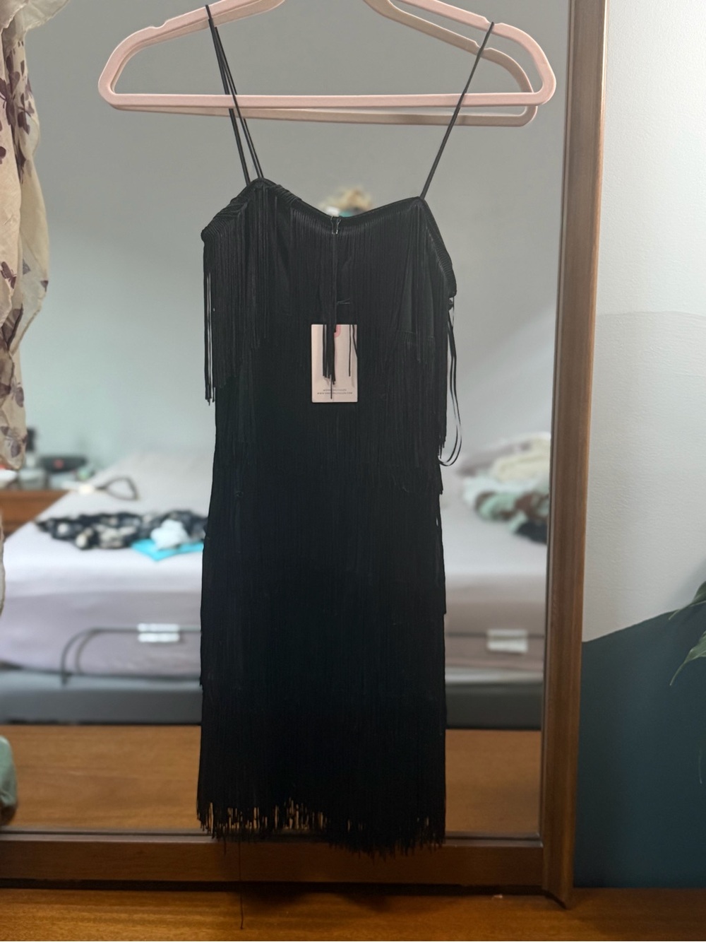Sincerely Jules Black Fringe Slip Dress with Spaghetti Straps NWT
